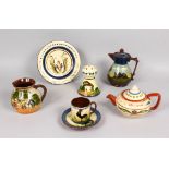 A TORQUAY TEAPOT, PLATE, CUP AND SAUCER, JUG, SHAKER AND COFFEE POT.