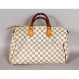 A LOUIS VUITTON SPEEDY 35 DAMIER AZUR BAG with padlock and keys, including DUST BAG.