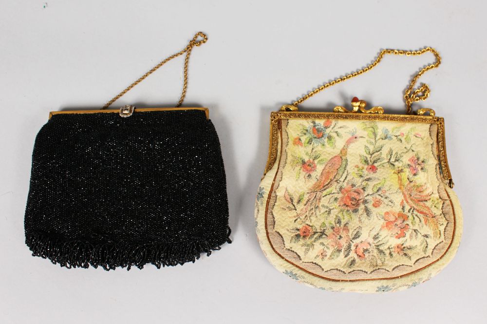 TWO SMALL EVENING BAGS, a black beaded handbag, gold tone hardware, clasp with rhinestones (a few