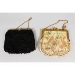 TWO SMALL EVENING BAGS, a black beaded handbag, gold tone hardware, clasp with rhinestones (a few