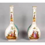 A PAIR OF AUGUSTUS REX DRESDEN SQUARE SHAPED BOTTLE VASES with four painted panels of flowers and