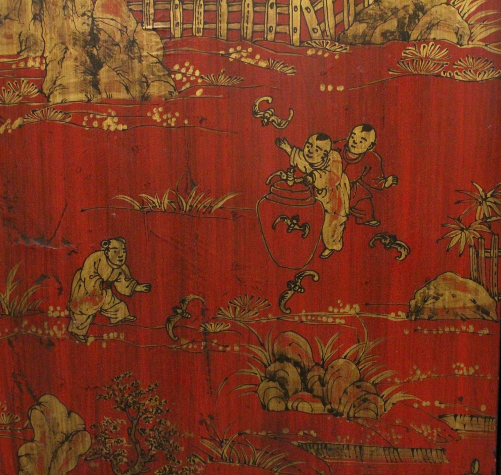 A LARGE EARLY 20TH CENTURY CHINESE RED GROUND LACQUERED WOOD CABINET, with two hinged front doors - Image 4 of 6