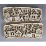 A PAIR OF GOOD QUALITY 19TH/20TH CENTURY CHINESE IVORY WRIST RESTS, each interior well carved with a