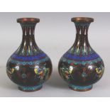 A PAIR OF EARLY 20TH CENTURY CHINESE CLOISONNE DRAGON BOTTLE VASES, 6.2in high.