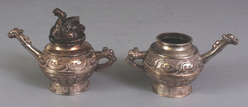 A PAIR OF CHINESE ARCHAIC STYLE MINIATURE SILVER-METAL EWERS, weighing approx. 163gm in total, one - Image 3 of 10