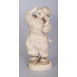 A GOOD QUALITY SIGNED JAPANESE MEIJI PERIOD IVORY OKIMONO OF A CRYING BOY, standing and reacting