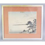 AN UNUSUAL EARLY 20TH CENTURY FRAMED JAPANESE LANDSCAPE WOODBLOCK PRINT BY KOSON, depicting a