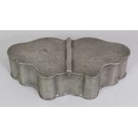 AN UNUSUAL 19TH CENTURY CHINESE PEWTER BUTTERFLY FORM BOX, the two hinged covers formed from the