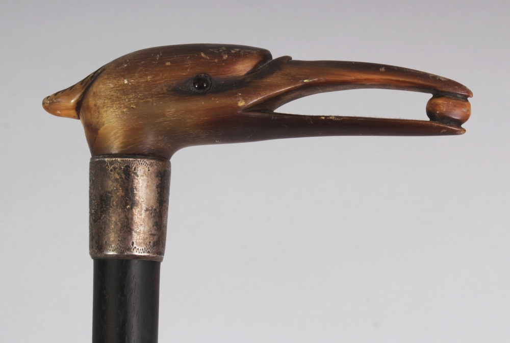 ANOTHER RHINO HORN HANDLED & WOOD WALKING STICK, with a hallmarked and engraved silver collar, the - Image 3 of 4