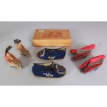 TWO PAIRS OF 19TH/20TH CENTURY CHINESE EMBROIDERED SILK MINIATURE SHOES, together with a wood box,