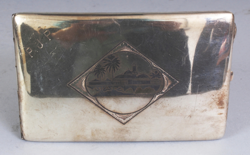 AN ISLAMIC SILVER-METAL CIGARETTE CASE, weighing approx. 162gm, inscribed 'P.J.P., decorated in