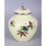 A GOOD QUALITY 20TH CENTURY JAPANESE ANDO YELLOW GROUND CLOISONNE VASE & COVER, with chrome rims,