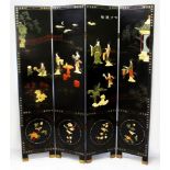 A LARGE CHINESE FOUR FOLD ONLAID LACQUERED WOOD SCREEN, decorated in various hardstones and bone