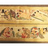 A PAIR OF WIDE CHINESE EROTIC SCROLL PICTURES ON SILK, each depicting eight scenes of couples,