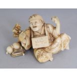 A SMALL SIGNED JAPANESE MEIJI PERIOD IVORY OKIMONO OF A SEATED STREET VENDOR, the base with an