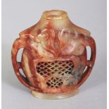 AN UNUSUAL GOOD QUALITY 20TH CENTURY CHINESE SOAPSTONE TWO-HANDLED SNUFF BOTTLE, each side with a