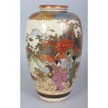 AN EARLY 20TH CENTURY JAPANESE SATSUMA EARTHENWARE VASE, painted with geisha before a temple, 9.75in