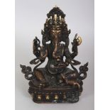 A 19TH/20TH CENTURY TIBETAN OR NORTH INDIAN BRONZE FIGURE OF GANESHA, seated in lalitasana on a