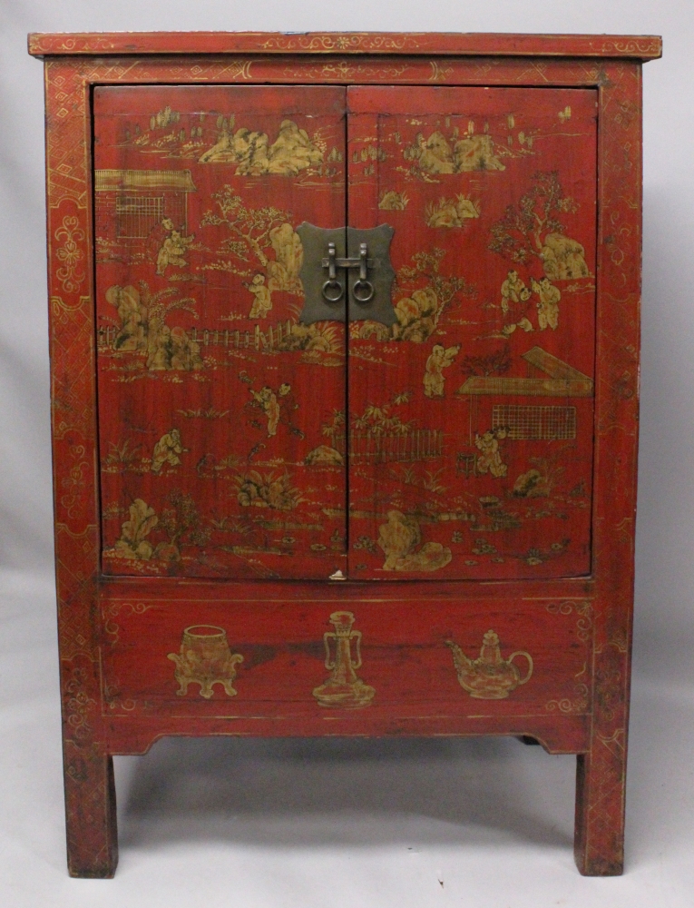 A LARGE EARLY 20TH CENTURY CHINESE RED GROUND LACQUERED WOOD CABINET, with two hinged front doors - Image 2 of 6