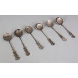 A SET OF SIX CHINESE SILVER-METAL SPOONS, the bowls in the form of Republic Period coins, the