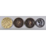 A LARGE JAPANESE GILT METAL MEDALLION, of coin form, 3.2in diameter; together with three European