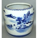 A LARGE 19TH/20TH CENTURY JAPANESE BLUE & WHITE PORCELAIN JAR, the sides painted with a continuous