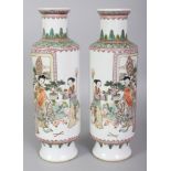 A MIRROR PAIR OF CHINESE REPUBLIC STYLE ROSE-VERTE PORCELAIN VASES, each decorated with a scene of