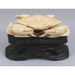 AN ORIENTAL IVORY MODEL OF A CRAB, together with a fitted wood stand, 2.8in high overall, the