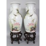 A LARGE MIRROR PAIR OF CHINESE REPUBLIC STYLE FAMILLE ROSE PORCELAIN VASES, together with fitted