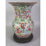 A LARGE 19TH CENTURY CHINESE CANTON PORCELAIN VASE, together with a carved and pierced hardwood