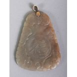 A CHINESE CELADON JADE PENDANT, the gold suspension loop impressed 'LARRY 14K 589', the jade