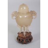 A 20TH CENTURY CHINESE MINIATURE AGATE TRIPOD CENSER & COVER, together with a fitted wood stand, 2.