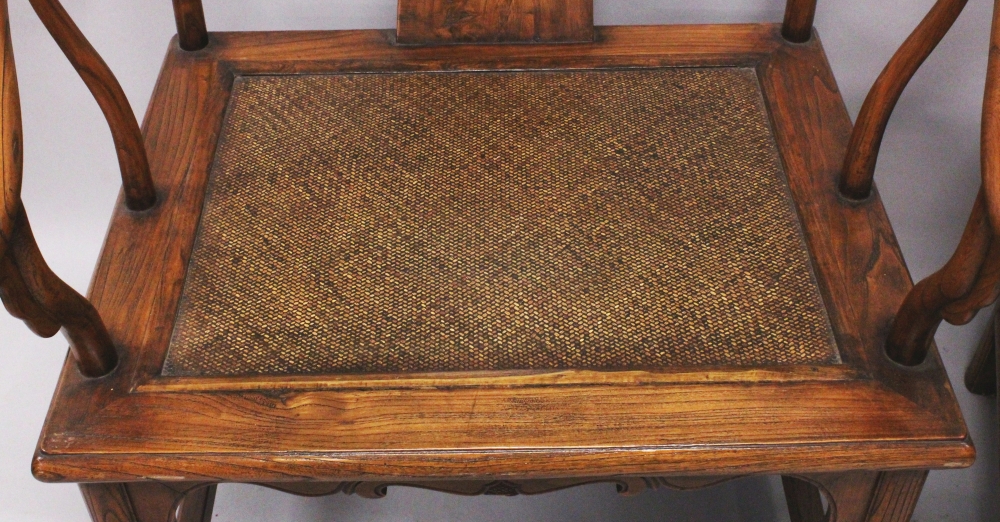 A GOOD PAIR OF CHINESE HARDWOOD & RATTAN HORSESHOE BACK ARMCHAIRS, of larger than average size, each - Image 3 of 6