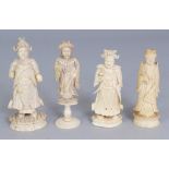 A GROUP OF FOUR GOOD QUALITY 19TH CENTURY CHINESE CANTON IVORY CHESS PIECES, the tallest 3.8in high.