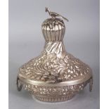 A SOUTH-EAST ASIAN SILVER-METAL BOWL & HINGED COVER, weighing approx. 320gm, with hinged side