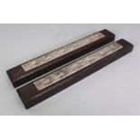 A PAIR OF CHINESE SILVER-METAL & WOOD SCROLL WEIGHTS, of elongated rectangular form, the metal