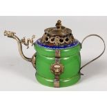 AN UNUSUAL CHINESE SILVER-METAL MOUNTED GREEN GLASS EWER & COVER, the base plate with an impressed