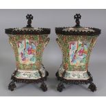 A GOOD PAIR OF BRONZE MOUNTED 19TH CENTURY CHINESE CANTON PORCELAIN BOUGH POTS & COVERS, each