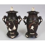 A PAIR OF GOOD QUALITY SIGNED JAPANESE TAISHO PERIOD IVORY ONLAID CARVED WOOD VASES & COVERS, each