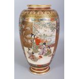 A LARGE GOOD QUALITY JAPANESE MEIJI PERIOD SATSUMA EARTHENWARE VASE, painted with figural panels and