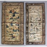 TWO EARLY 20TH CENTURY CHINESE EMBROIDERED SILK PANELS, each containing two sleeve panels within a