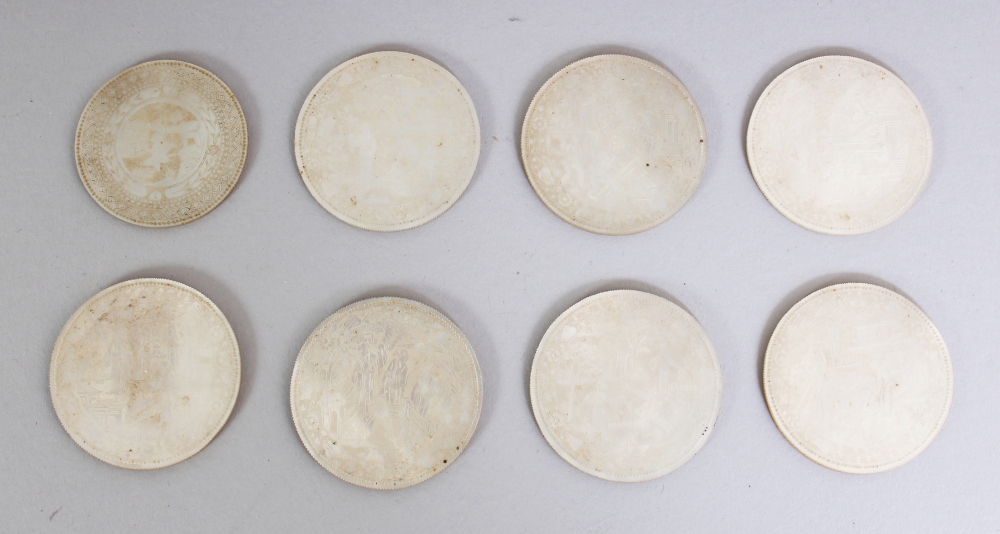 A GROUP OF SEVEN GOOD QUALITY EARLY/MID 19TH CENTURY CHINESE EXPORT CIRCULAR MOTHER-OF-PEARL