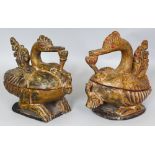 TWO SIMILAR SOUTH-EAST ASIAN LACQUERED WOOD BOXES & COVERS, each in the form of a mythical duck-like