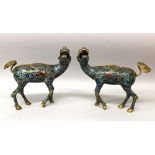 A MIRROR PAIR OF CHINESE GILT BRONZE & CLOISONNE KYLIN CENSERS & COVERS, with upraised and turned
