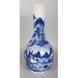 A CHINESE BLUE & WHITE PORCELAIN BOTTLE VASE, the sides decorated with a river landscape setting,