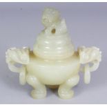 A 20TH CENTURY CHINESE CELADON GREEN BOWENITE TRIPOD CENSER & COVER, with double lion-head and loose