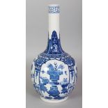 A CHINESE BLUE & WHITE PORCELAIN BOTTLE VASE, the sides decorated with panels of precious objects