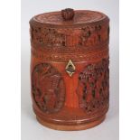 A 19TH CENTURY CHINESE CANTON CARVED BAMBOO CYLINDRICAL BOX & COVER, with fitted hinge and lock, the