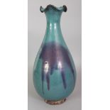 A LARGE CHINESE JUN WARE PURPLE SPLASH STONEWARE VASE, with a frilled-edge neck, the predominantly