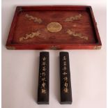 A 20TH CENTURY CHINESE RECTANGULAR HARDWOOD TRAY, decorated with onlaid dragon and with phoenix